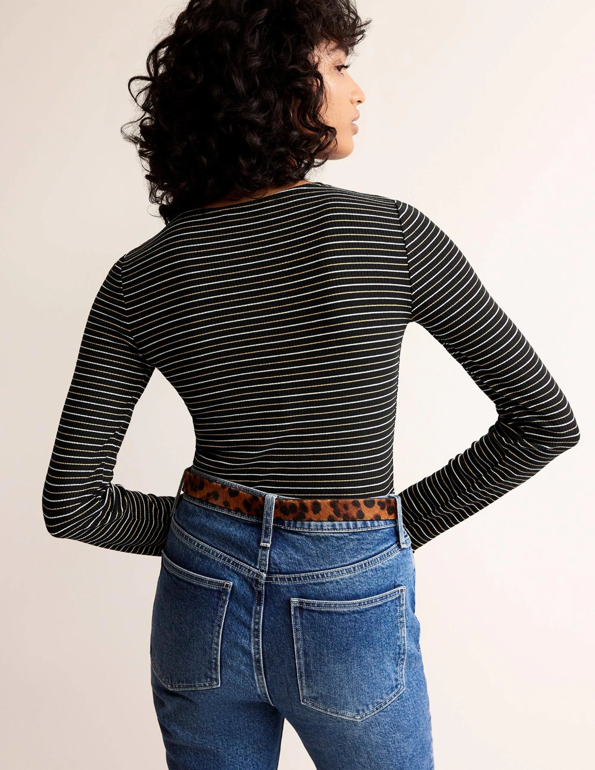 Long Sleeve Metallic Top-Black Stripe