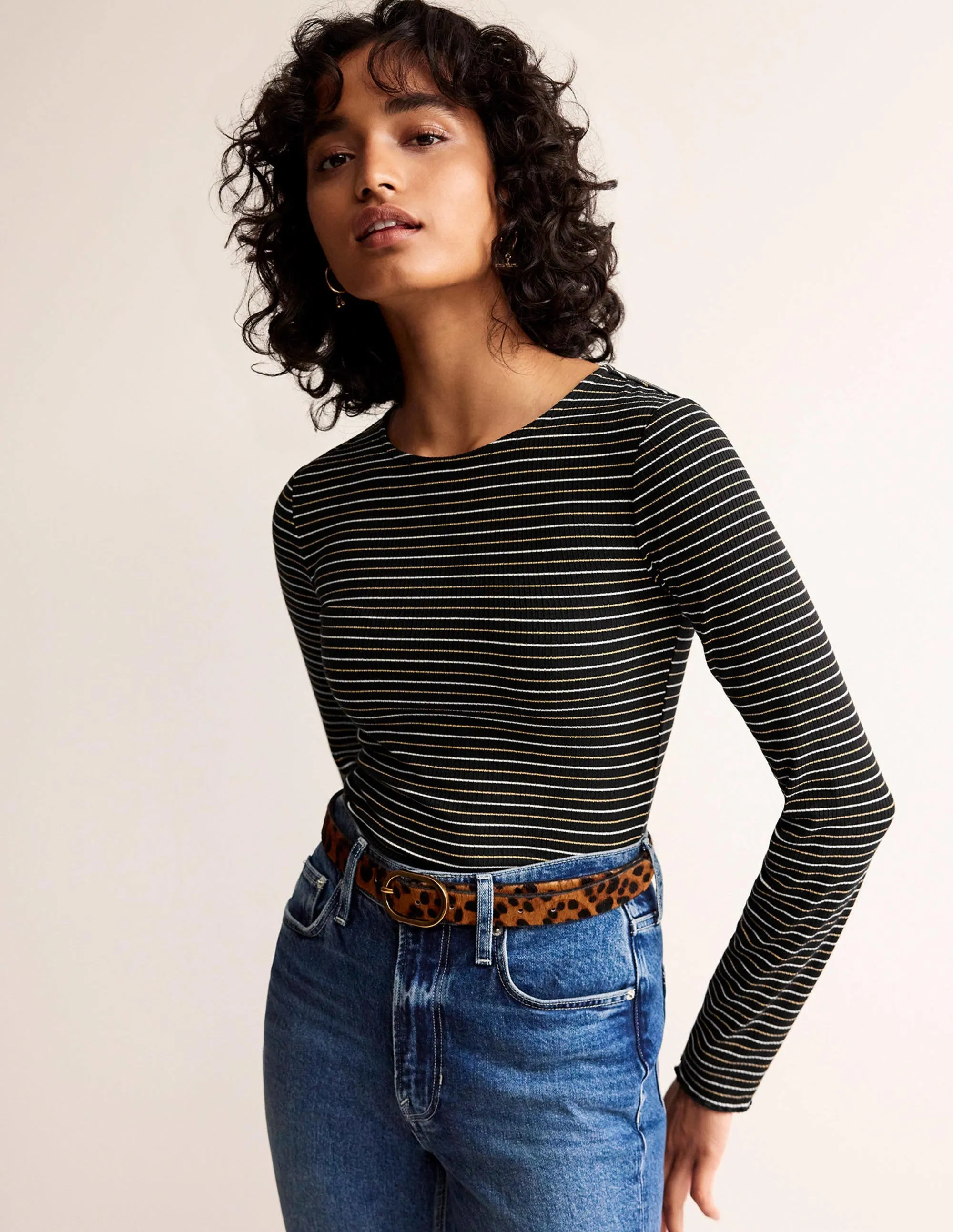 Long Sleeve Metallic Top-Black Stripe