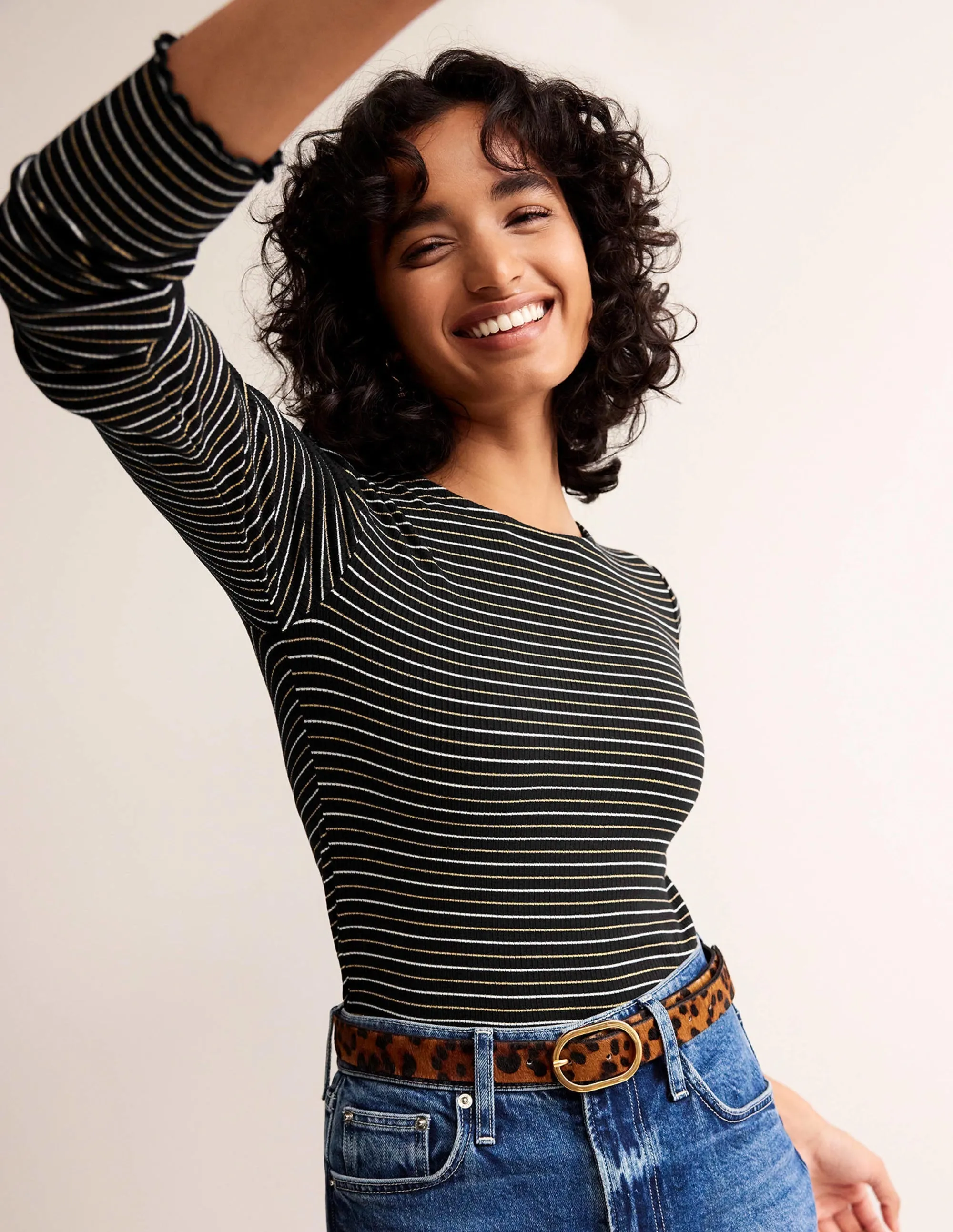Long Sleeve Metallic Top-Black Stripe