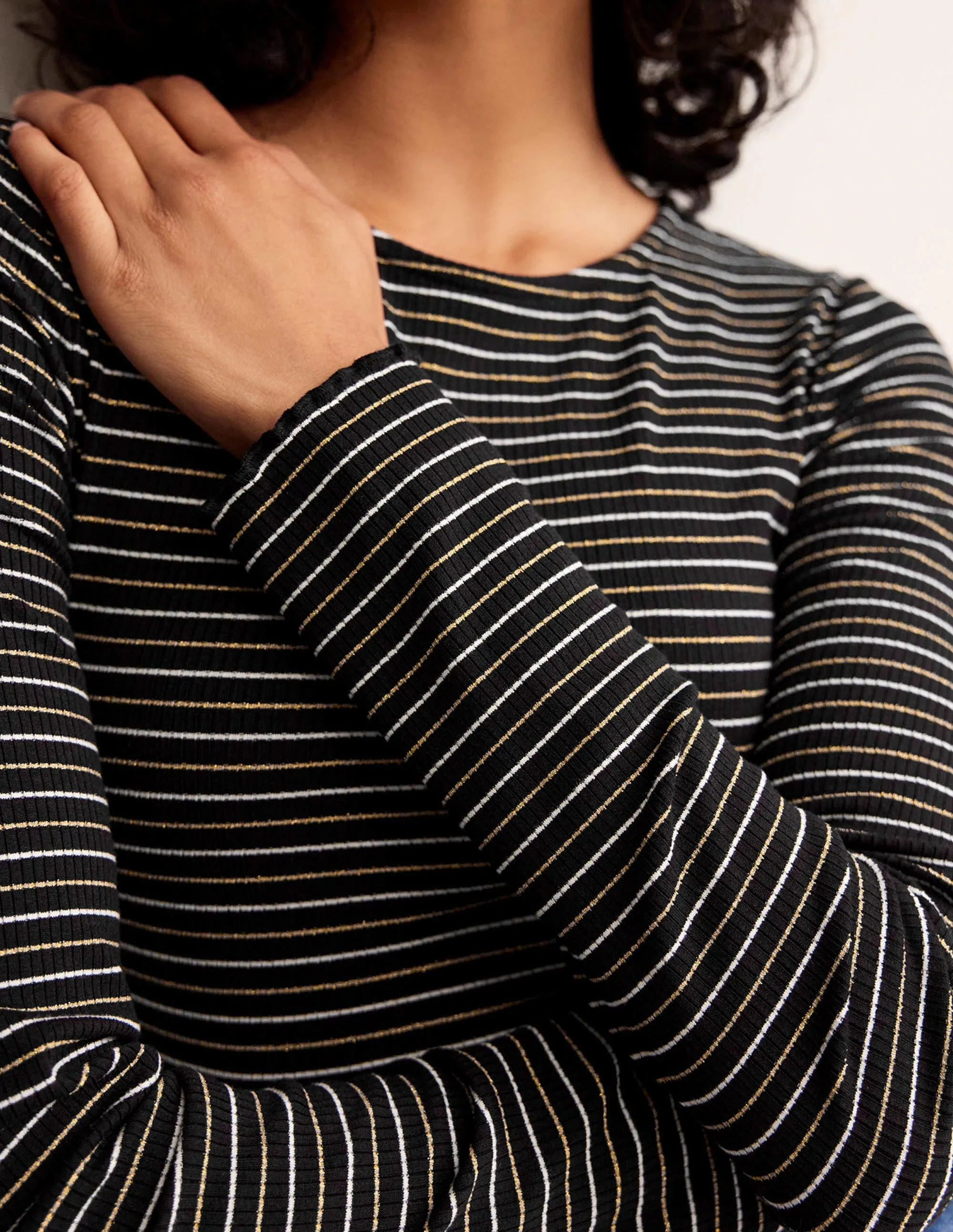 Long Sleeve Metallic Top-Black Stripe