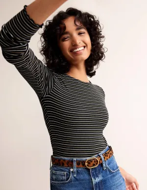 Long Sleeve Metallic Top-Black Stripe