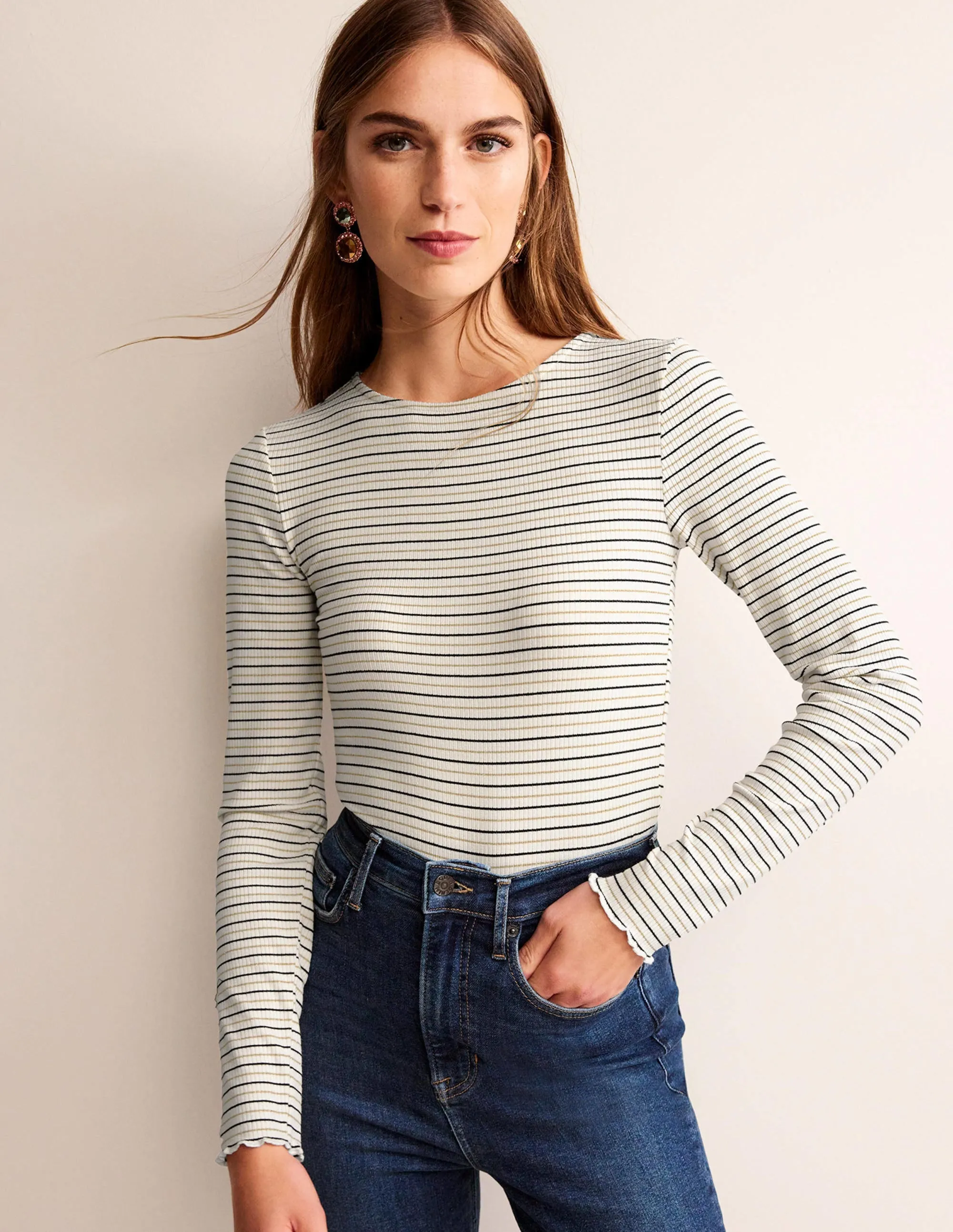Long Sleeve Metallic Top-Ivory Stripe
