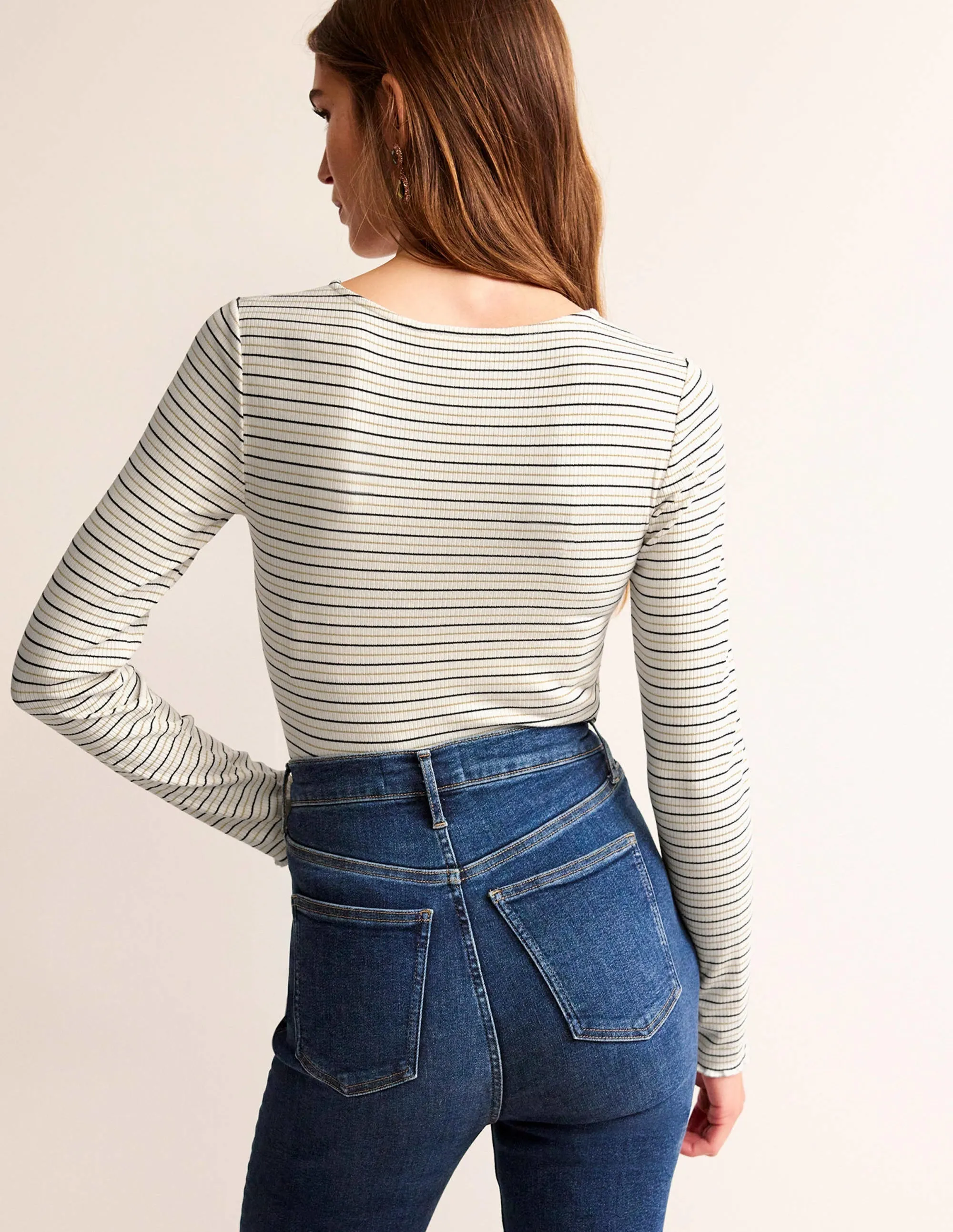 Long Sleeve Metallic Top-Ivory Stripe