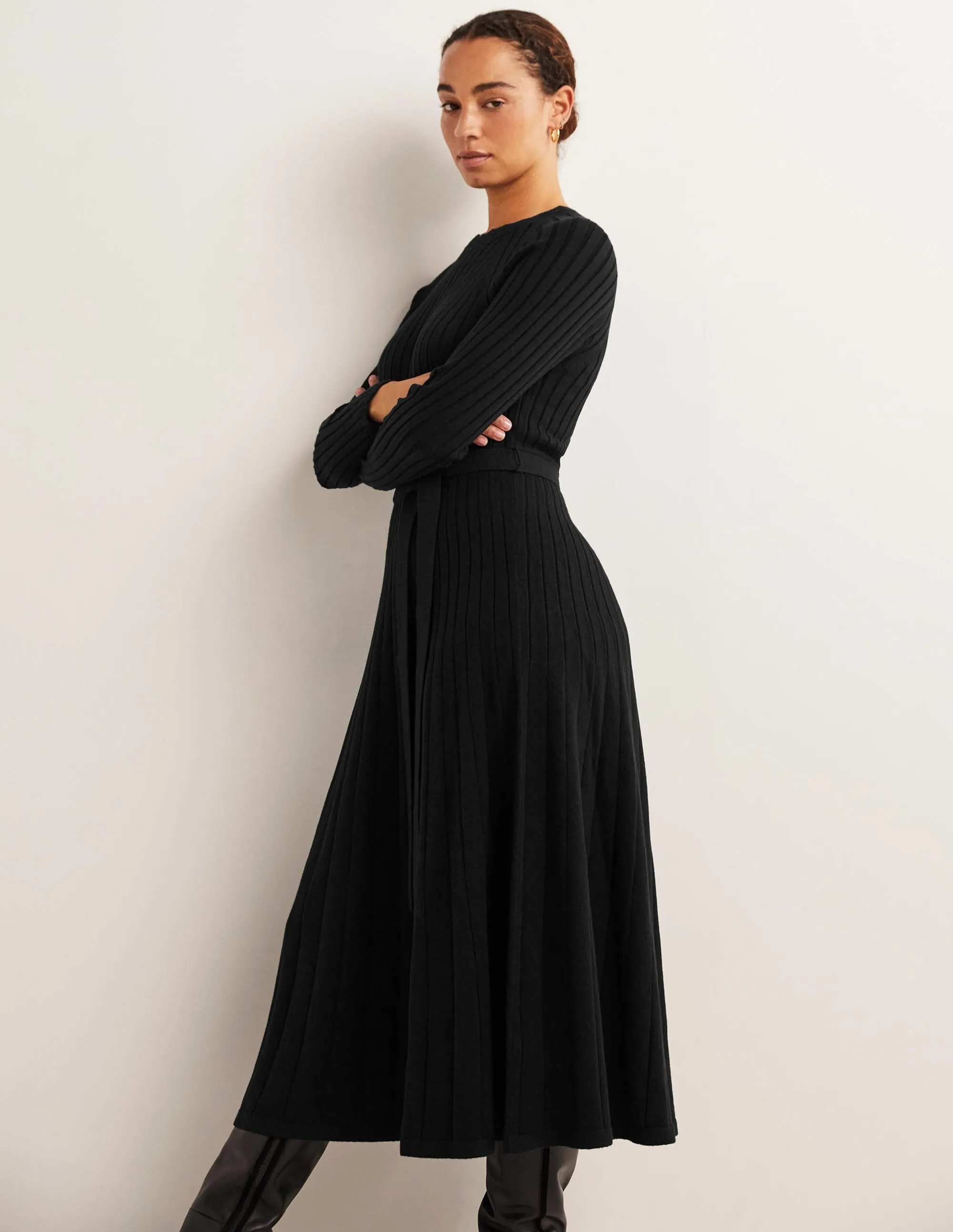 Rib Detail Knitted Midi Dress-Black