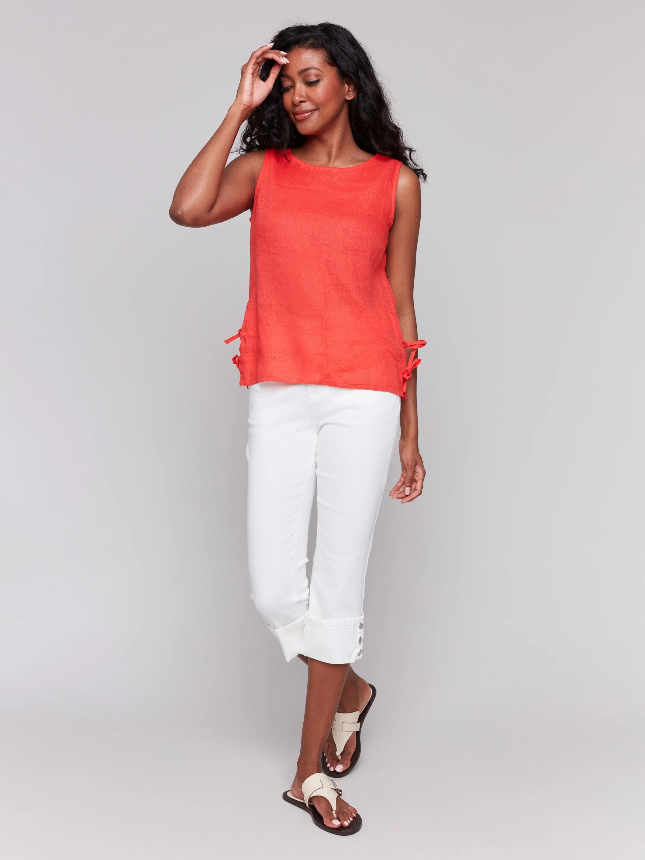 Sleeveless Linen Blend Top with Side Ties - Fiesta