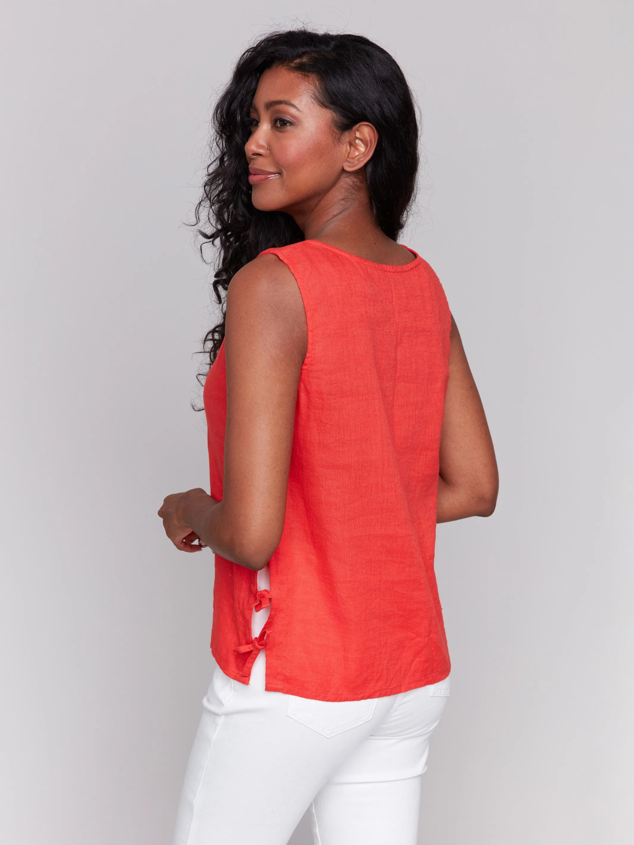 Sleeveless Linen Blend Top with Side Ties - Fiesta