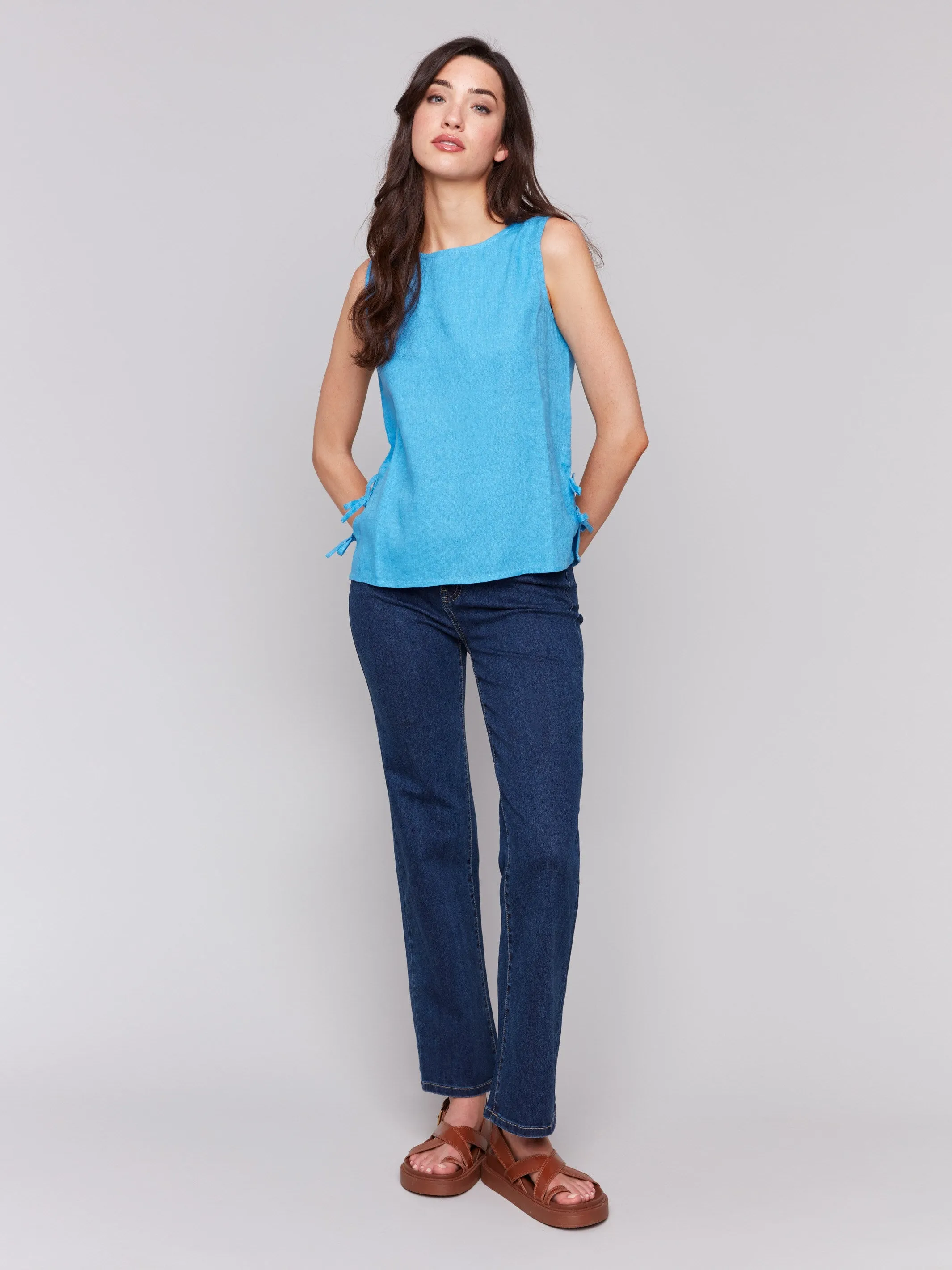 Sleeveless Linen Blend Top with Side Ties - Lagoon