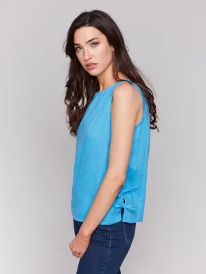 Sleeveless Linen Blend Top with Side Ties - Lagoon