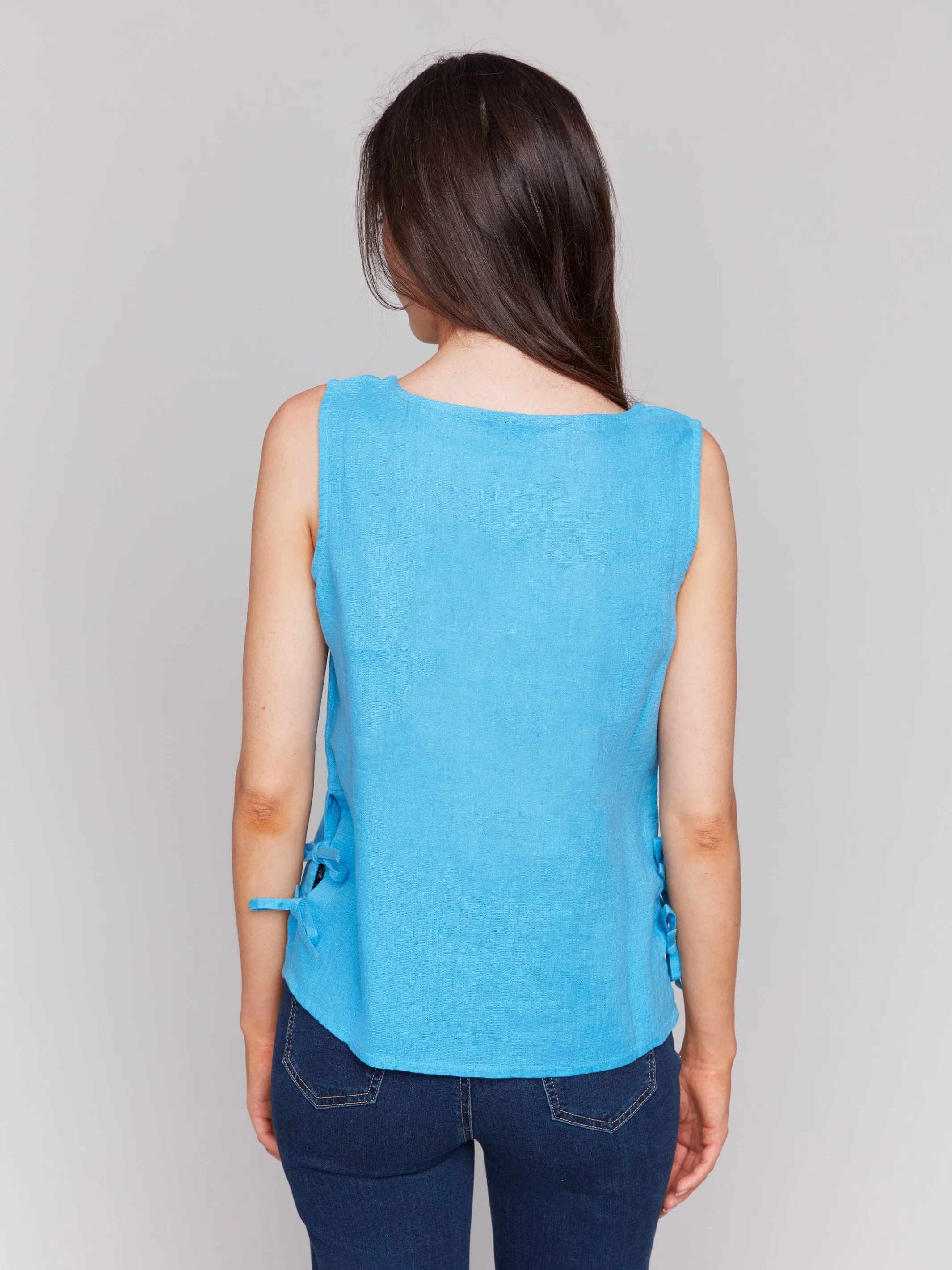 Sleeveless Linen Blend Top with Side Ties - Lagoon