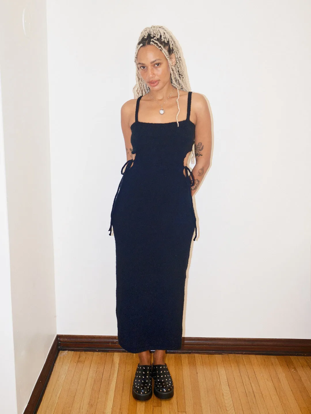 Tie Me Knit Long Dress - Black